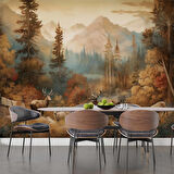 Sonbahar Suluboya Çizim Orman ve Geyik Manzaralı Duvar Kağıdı