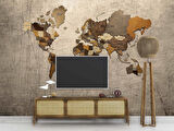 Vintage Ahşap Dünya Haritası Duvar Kağıdı