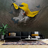 Sarı Şapkalı Kelebek Desenli Kadın Temalı Duvar Kağıdı