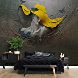 Sarı Şapkalı Kelebek Desenli Kadın Temalı Duvar Kağıdı