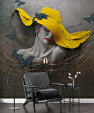 Sarı Şapkalı Kelebek Desenli Kadın Temalı Duvar Kağıdı