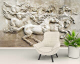 3 Boyutlu Kabartma Rofye Atlar Heykel Duvar Kağıdı