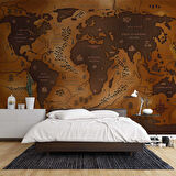 Vintage Ahşap Temalı Dünya Haritası Duvar Kağıdı