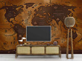 Vintage Ahşap Temalı Dünya Haritası Duvar Kağıdı