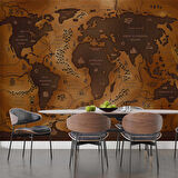 Vintage Ahşap Temalı Dünya Haritası Duvar Kağıdı