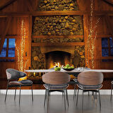 Şömine Ahşap ve Tuğla Desenli Duvar Kağıdı