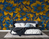 Mavi 3 Boyutlu Çiçek Desenli Duvar Kağıdı