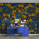 Mavi 3 Boyutlu Çiçek Desenli Duvar Kağıdı