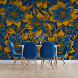 Mavi 3 Boyutlu Çiçek Desenli Duvar Kağıdı