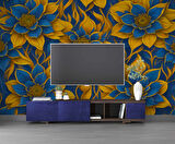 Mavi 3 Boyutlu Çiçek Desenli Duvar Kağıdı