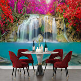 Şelale Kırmızı Çiçek Duvar Kağıdı Baskı