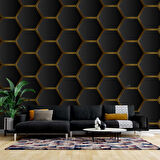 3 Boyutlu Siyah Altıgen Petek Desenli Duvar Kağıdı