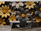 3 Boyutlu Siyah Sarı Çiçek Desenli Duvar Kağıdı