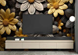 3 Boyutlu Siyah Sarı Çiçek Desenli Duvar Kağıdı