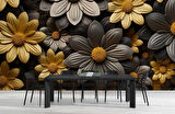3 Boyutlu Siyah Sarı Çiçek Desenli Duvar Kağıdı