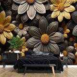 3 Boyutlu Siyah Sarı Çiçek Desenli Duvar Kağıdı