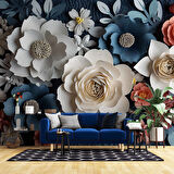 3 Boyutlu Mavi Beyaz Çiçek Desenli Duvar Kağıdı