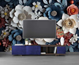 3 Boyutlu Mavi Beyaz Çiçek Desenli Duvar Kağıdı