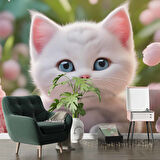 Beyaz Sevimli Kedi Desenli Duvar Kağıdı