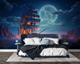 Gece Ay Deniz Korsan Gemisi Manzaralı Duvar Kağıdı
