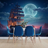 Gece Ay Deniz Korsan Gemisi Manzaralı Duvar Kağıdı