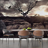 Gün Batımı Geyik ve Kuş Temalı Duvar Kağıdı