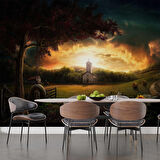 Gün Batımı Salıncak ve Ayçiçeği Temalı Duvar Kağıdı