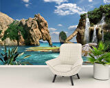 Deniz Manzaralı İnsan ve Fil Silüet Temalı Duvar Kağıdı