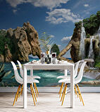 Deniz Manzaralı İnsan ve Fil Silüet Temalı Duvar Kağıdı