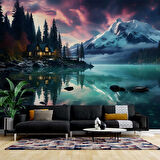 Göl Orman ve Karlı Dağ Manzaralı Duvar Kağıdı