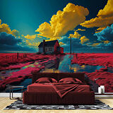 Kırmızı Çiçekli Çiftlik Evi Manzaralı Duvar Kağıdı