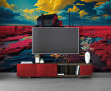 Kırmızı Çiçekli Çiftlik Evi Manzaralı Duvar Kağıdı