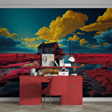 Kırmızı Çiçekli Çiftlik Evi Manzaralı Duvar Kağıdı