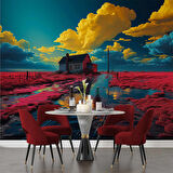 Kırmızı Çiçekli Çiftlik Evi Manzaralı Duvar Kağıdı