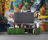 Nehir Üzerinde Atların Koşma Manzaralı Duvar Kağıdı