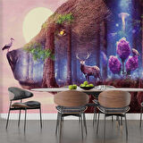 Ayı ve Ay Çizim Temalı Duvar Kağıdı