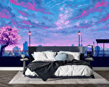 Dinlendirici Pembe Ağaç şehir çizimi Duvar Kağıdı