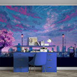 Dinlendirici Pembe Ağaç şehir çizimi Duvar Kağıdı