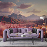 Dağ ve Pembe Çiçek Tarlası Manzaralı Duvar Kağıdı