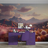 Dağ ve Pembe Çiçek Tarlası Manzaralı Duvar Kağıdı