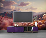 Dağ ve Pembe Çiçek Tarlası Manzaralı Duvar Kağıdı