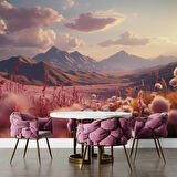 Dağ ve Pembe Çiçek Tarlası Manzaralı Duvar Kağıdı