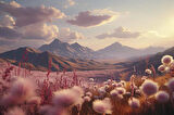 Dağ ve Pembe Çiçek Tarlası Manzaralı Duvar Kağıdı