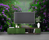 Mor Çiçekli Yeşil Orman Patika Yol Manzaralı Duvar Kağıdı