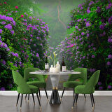 Mor Çiçekli Yeşil Orman Patika Yol Manzaralı Duvar Kağıdı