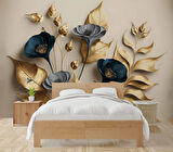 3D Vintage Soft Lacivert Çicek Duvar Kağıdı Baskı