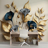 3D Vintage Soft Lacivert Çicek Duvar Kağıdı Baskı