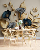 3D Vintage Soft Lacivert Çicek Duvar Kağıdı Baskı