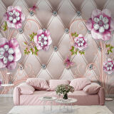3D Deri Görünümlü Panel ve Pembe Çiçek Duvar Kağıdı Baskı