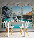 Sarmaşık Sütun, Göl ve Dağ Manzara Duvar Kağıdı Baskı